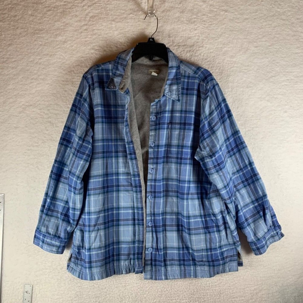 L.L.Bean Women's Fleece Lined Flannel Button Down Blue Shirt Jacket Size XL 8858
